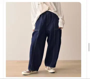 여성용 네이비 데님 와이드 팬츠 코쿤 팬츠 체형 커버 방한 S