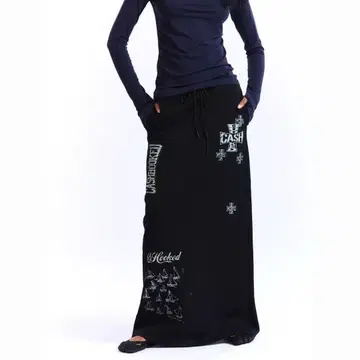 y2k 헤이세이 갸루 캐주얼 블랙 롱 스커트 드로우 스트링 punk풍