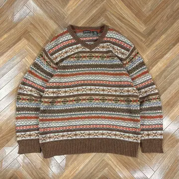 세인트 존스 베이 페어아일 패턴 코튼 니트 스웨터 V넥 보더