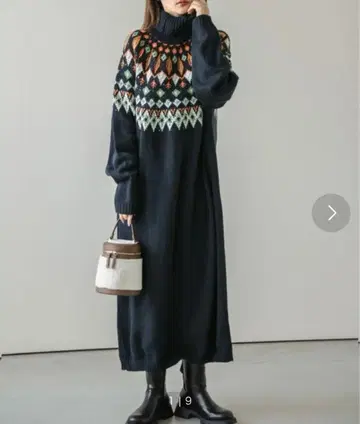 SUGAR BISKET 니트 원피스 긴팔 네이비 노르딕 무늬