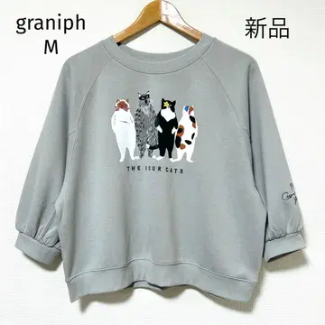 새상품 그라니프 M 고양이 프린트 티셔츠 라이트 그레이