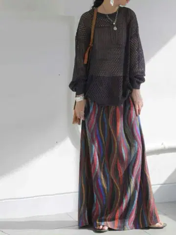 antiqua 웨이브 패턴 롱 스커트 레드 계열 믹스