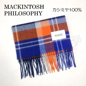 매킨토시 철학 캐시미어 100% 머플러 파랑 주황 체크 무늬