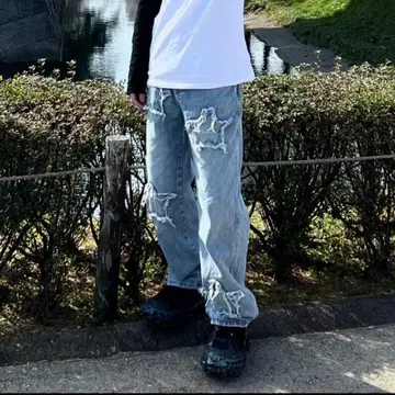 스트레이트 스타 데님 남성용 스트릿 구제 의류