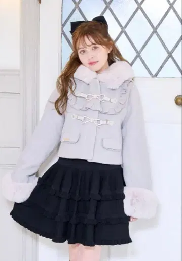 LIZLISA 리즈리사 비쥬 리본 숏 후드 코트 그레이