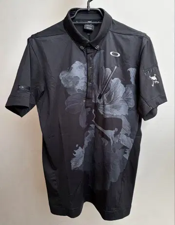 OAKLEY 스컬 블랙 플라워 프린트 골프 셔츠 L