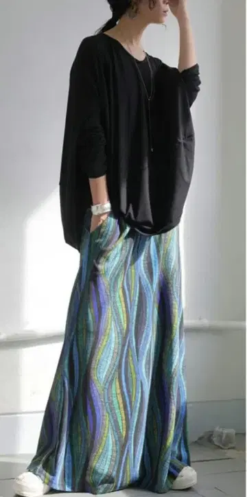 antiqua 웨이브 패턴 롱 스커트 블루 믹스