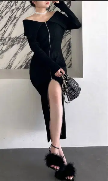 로얄 파티 더블 ZIP 오프숄더 긴팔 타이트 원피스