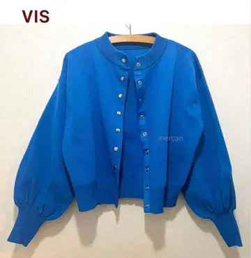 VIS  다단추 니트 가디건 볼륨 소매 블루