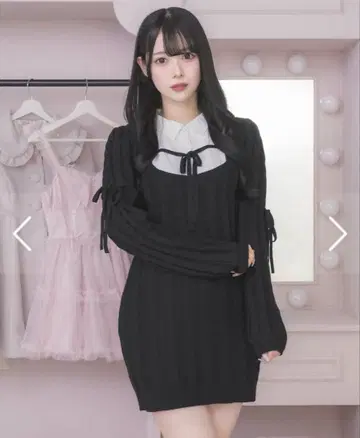 pium 레이어드 케이블 니트 원피스 블랙x화이트