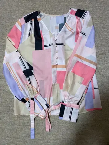 컬러 블록 프린트 블라우스 핑크 38