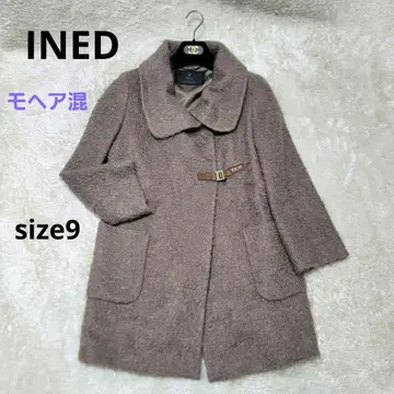 새상품급 INED 이네드 코트 모헤어 혼방 소가죽 카키 9호