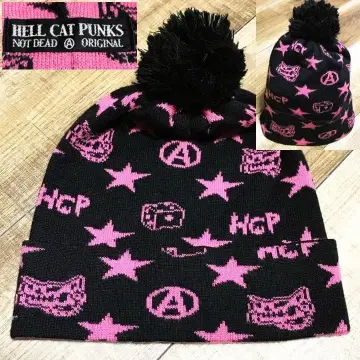 헬캣펑크 니트 모자 올 패턴 폼폼 포함 핑크 블랙 펑크 락 V