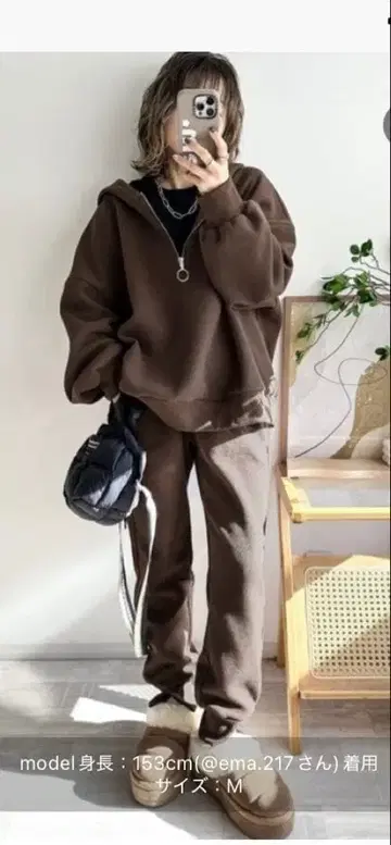 AMELY 브라운 와플 하프 지퍼 셋업 M