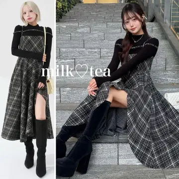 택 포함 새상품 다리치 블랙 레이어드 체크 이레헴 미디 원피스 F