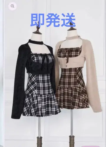 버니 리스 [노겐키] 퍼 볼레로 x 체크 미니 원피스 블랙