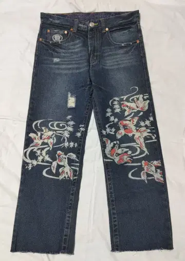 호텐 상점 데님 금붕어 일본풍 패턴 청바지 데미지 가공 익명 배송