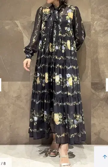 그레이스 콘티넨탈 플라워 프린트 티어드 원피스 블랙 36