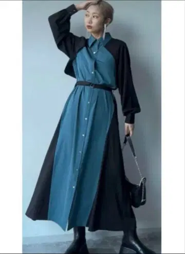 HARE 사이드 바이컬러 원피스 블루 롱 원피스 하레 셔츠