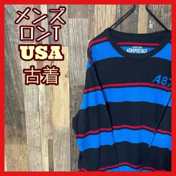남성용 롱 T 긴팔 보더 블루 L USA 구제 의류 90s 티셔츠