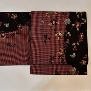 하카타 오리 나고야 오비 8촌 짙은 빨간색 꽃 중고품 캐주얼 so121