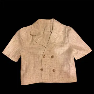 미사용 새상품 화이트 더블 브레스트 반팔 테일러드 자켓 골드 버튼