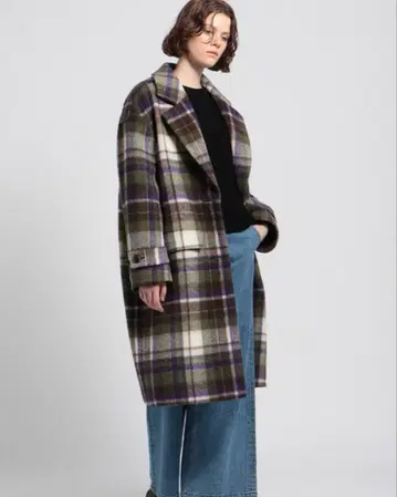 미사용 새상품 띠어리 luxe 체크 무늬 롱 코트 (보라색 그린)