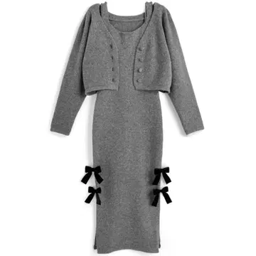 GRL / 니트 가디건 x 벨로아 리본 슬릿 원피스 셋업