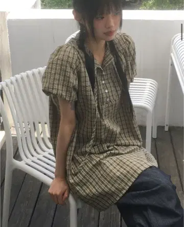 nugu 체크 버튼 스트랩 반팔 원피스