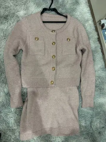 핑크 니트 가디건 & 미니 스코트 세트