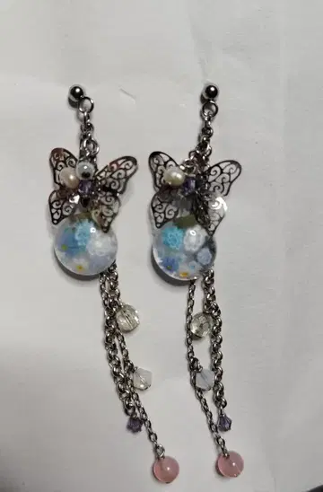 시미즈자카 유리관 롱 귀걸이 스카이블루 나비 꽃 teftef