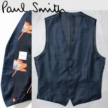 미사용 폴스미스 꽃무늬 안감 6B 클래식 체크 울 베스트 L 네이비