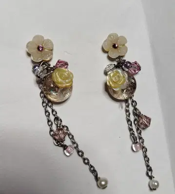 시미즈자카 유리관 귀걸이 꽃 노랑 핑크