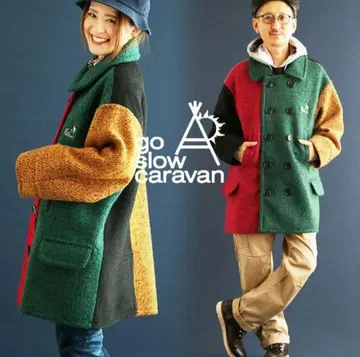 고 슬로우 카라반 멀티 컬러 버튼 코트