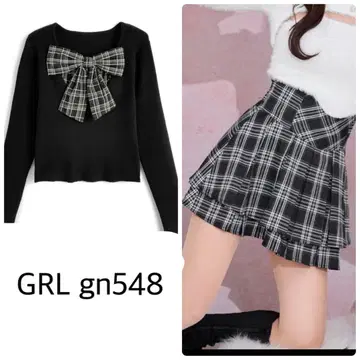GRL gn548 미셸 마카롱 체크 무늬 플리츠 슬림 레그 스커트