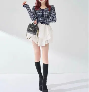 다리치 볼륨 프릴 트위드 니트 미니 원피스 Free-L 네이비