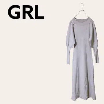 GRL 볼륨 슬리브 니트 플레어 원피스 S 오프 베이지 롱 기장