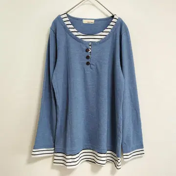 CROSS POCKET 롱 T L 사이즈 블루 계열 보더 무늬 레이어드