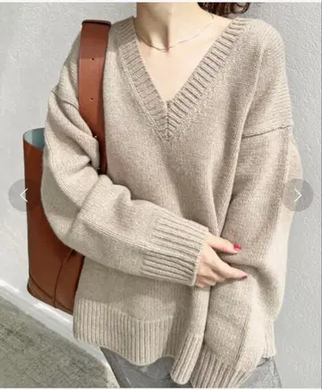 Spick&Span 베이지 V넥 로우게이지 니트 스웨터 긴팔