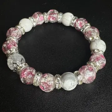 핑크 형광 유리 x 화이트 헤마타이트 팔찌 15cm