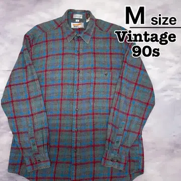 90s USA 구제 의류 플란넬 셔츠 M 체크 무늬 그레이 블루 레드