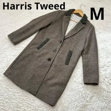 해리스 트위드 체스터 코트 롱 옷깃 포켓 체크 울 M