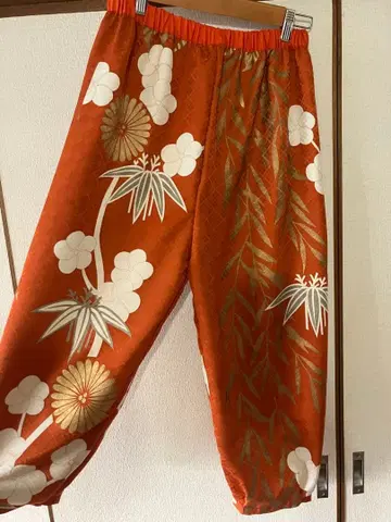 기모노 리메이크 와이드 팬츠 순수 실크 주홍색 금