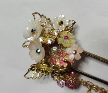 시미즈자카 유리관 헤어콤 피오레 핑크 골드 나비 teftef