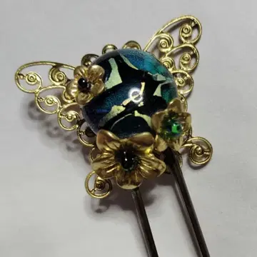 시미즈자카 유리관 헤어콤 그린 골드 나비 teftef