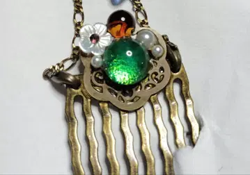 시미즈자카 유리관 헤어콤 빗 그린 꽃 골드 teftef