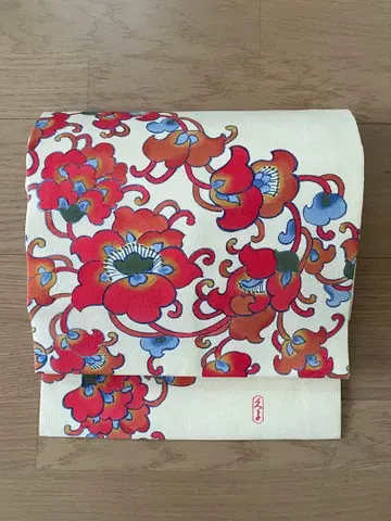 나고야 오비 빨파 당화 무늬 크림색 발수 가공 완료