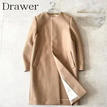 새상품급 드로어 버튼리스 노카라 롱 코트 38 카멜 레오파드
