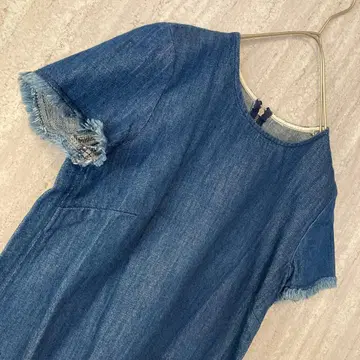 레트로 블라우스 반팔 데님 프린지 걸리시 그런지 블루