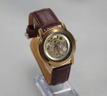 클래식 양면 스켈레톤 수동 와인딩 시계 브라운 가죽 [미사용 새상품]